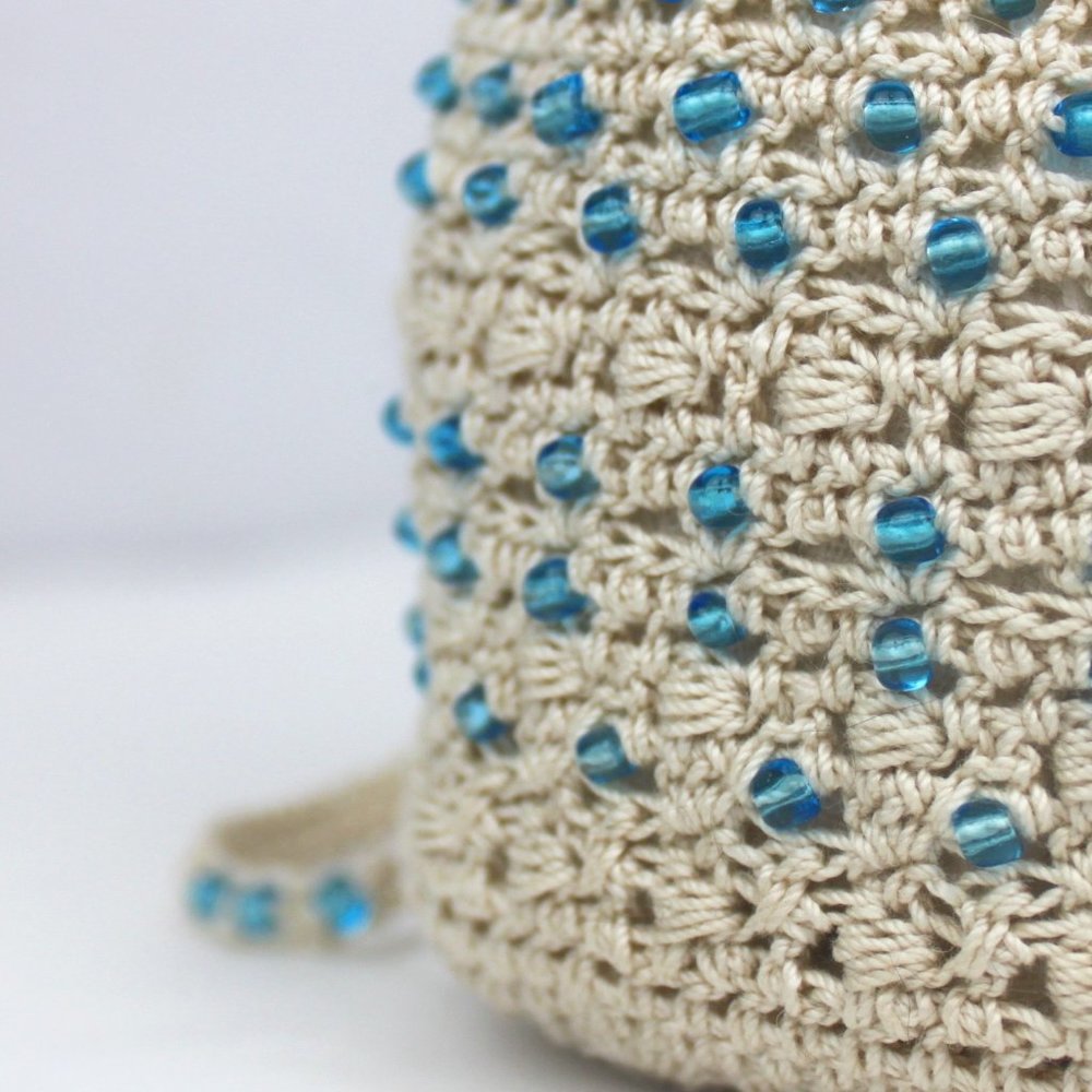 Blue Glass Beaded Cream Crochet Drawstring Pouch - Picture 3 of 9